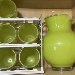 Green Glass Pitcher Set. Brand New Never Used Still Has Tags On Them. 