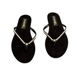 Chanel Suede Kidskin Strass CC Thong Sandals With Pearl 