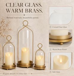 (H-9) 15", 9" & 7" Hurricane Candle Holders Set of 3, Gold & Glass Oversized 15.2" Centerpiece with 9.3" and 7.5" Graduated Hurricane Glass Holders La