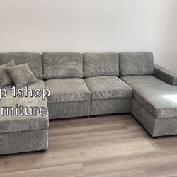 Beautiful Light Gray Corduroy Sectional Sofa 