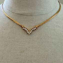 Vintage Gold Tone Rhinestone V Necklace