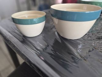 Ceramic Bowls Set of Two Teal and White