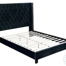BLACK VELVET LIKE FABRIC-PLATFORM STYLE-BED-FRAME-CAMA