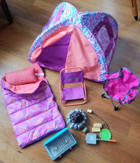 American Girl Doll Camping Tent Chairs Sleeping Bag Food Stove Firepit $100