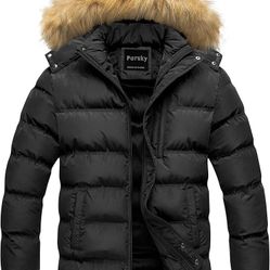 Pursky Men's Puffer Jacket Waterproof Winter Bubble Coats Ski Parka Fur Hooded