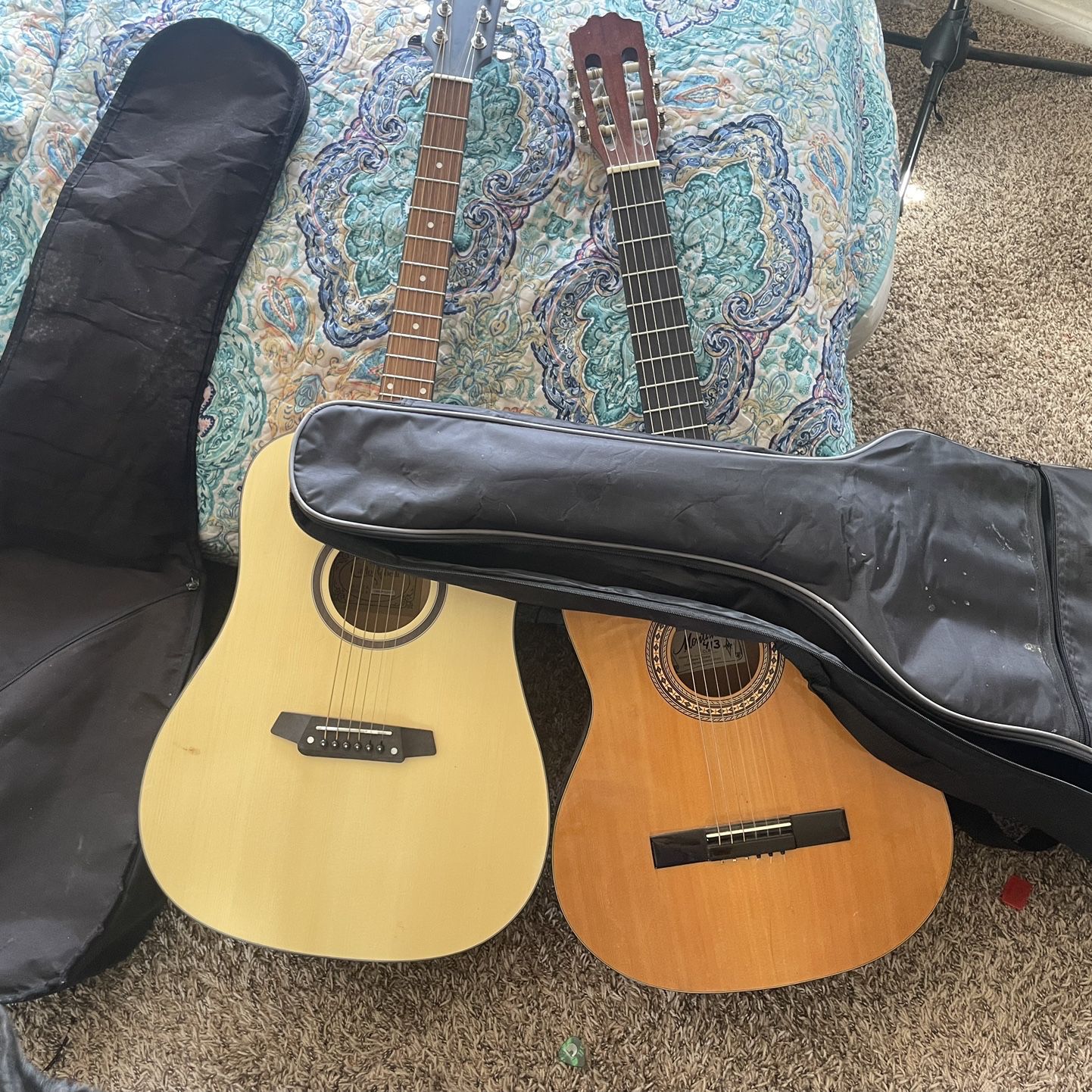 Two New Guitars: One acoustic(dark brown), One acoustic/bass(light brown)