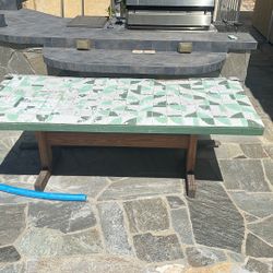 Strong Teak Wood Table With Hand-Tiled Surface 