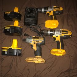 DeWalt Two Hammer Drills, Impact Driver, Three Batteries And One Charger