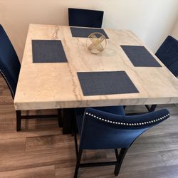 Artemis Counter-Height Marble Dining Table and 4 Upholstered Stools
