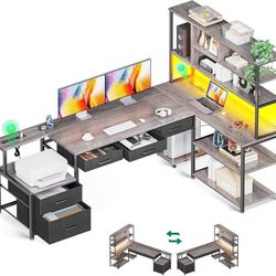 79 inch L Shaped Desk with 5 Drawers, Reversible L Shaped Gaming Desk with LED Light & 2 Power Outlets, Computer Desk with Storage Shelves for Home Of