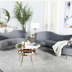 Sophia 2-piece Upholstered Living Room Set with Camel Back Grey and Gold- Finance Options Available.