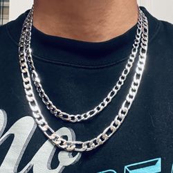 9mm + 7mm White Gold over Stainless Steel Figaro Chain Stack - $90