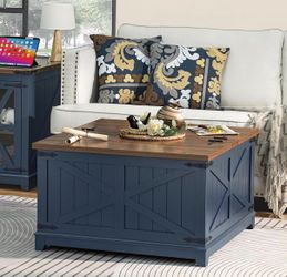 Farmhouse Coffee Table with Hidden Storage Organizer, Modern Square Large Center Table, Wood Farm House Low Navy Blue Living Room Tables with Hinged L