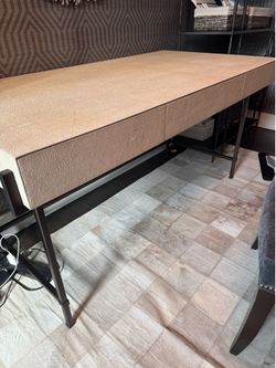 3 DRAWER DESK WITH TAUPE SHAGREEN SURFACE AND BRONZE METAL BASE.  SIZE: 60"W X 30"D X 29.5"H