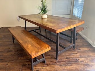 Industrial Wood Dining Table with Two Benches
