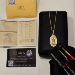 Virgin Mary Moissanite Pendant Set 22” Chain Included .925 Sterling Silver Gold Vermeil