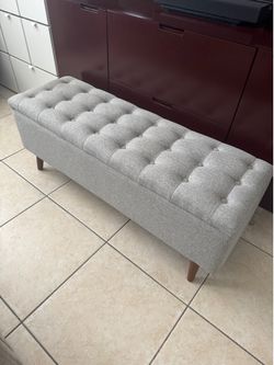 SALE Gray Textured Storage Bench Modern with Button Tufting Wood Legs