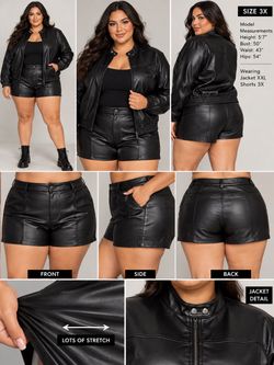 Women’s Black Faux Leather Biker Jacket & Stretch Shorts Set – Plus Size 1960s