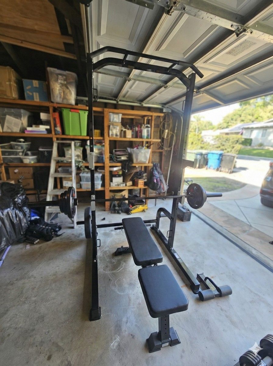 Weightlifting set - Half Cage, Olympic Barbells, Weights and Decline Bench