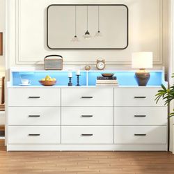 9 Drawer Dresser with Built in Power Outlet and LED Light, Modern Chest of Drawers for Bedroom, Triple Wide Drawer Organizer Cabinet for Living Room, 
