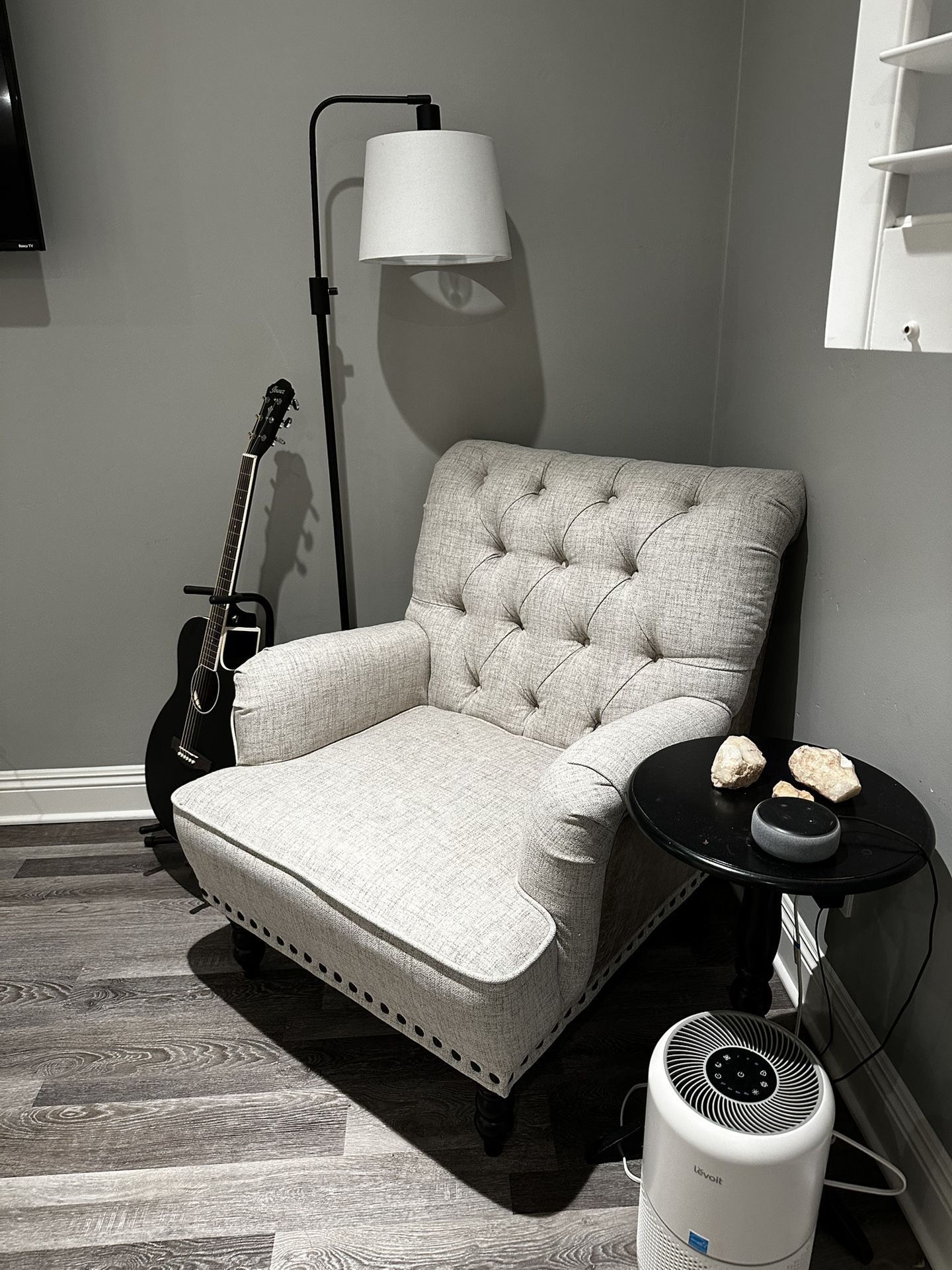Reading chair, lamp, and side table