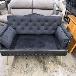 55-Inch Modern Velvet Loveseat Sofa with Gold Metal Legs & Side Pockets, Tufted Backrest, Perfect for Living Room, Bedroom, or Office (Black)