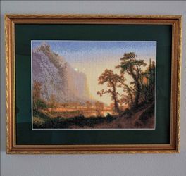 Framed Yosemite Landscape Cross-Stitch Art – Handmade Wall Decor