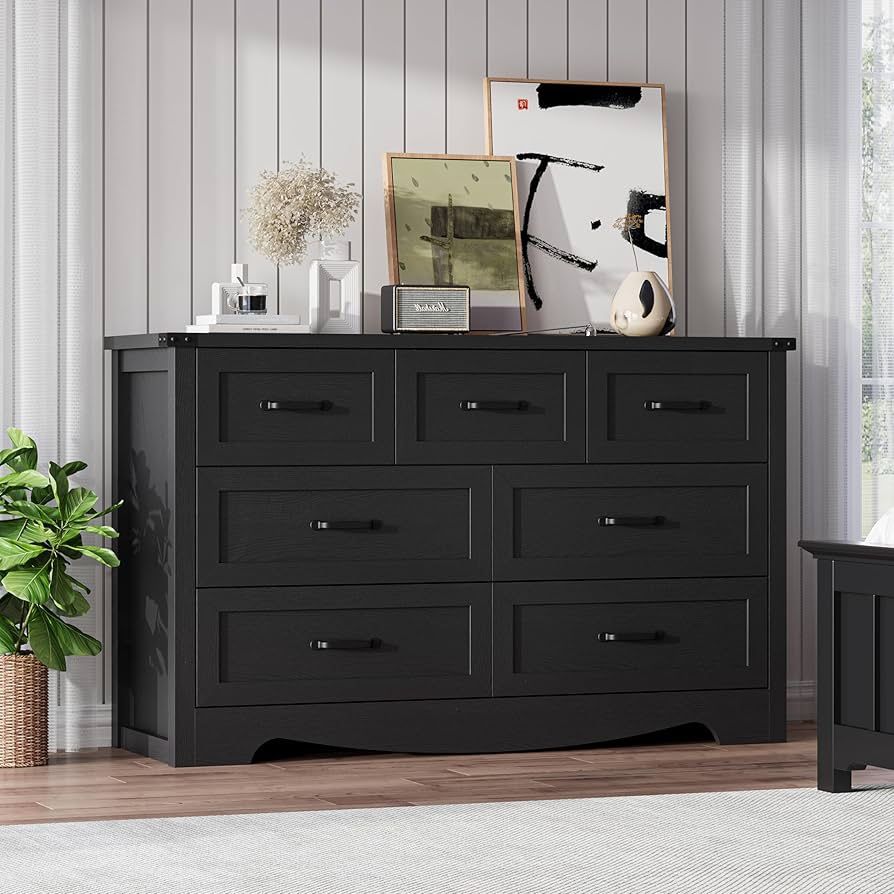 7-Drawer Dresser for Bedroom – 47" Wide Modern Wooden Chest with Natural Wood Texture, TV Stand & Storage, Metal Corner Brackets, Wood Drawer Organize