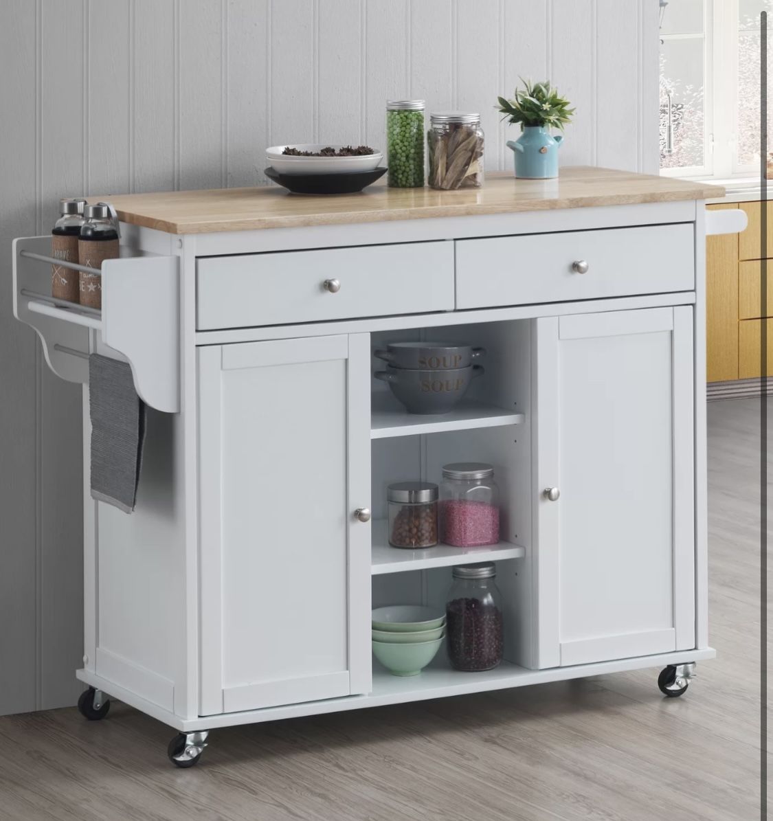 White Kitchen Island Cart w/wood carving table
