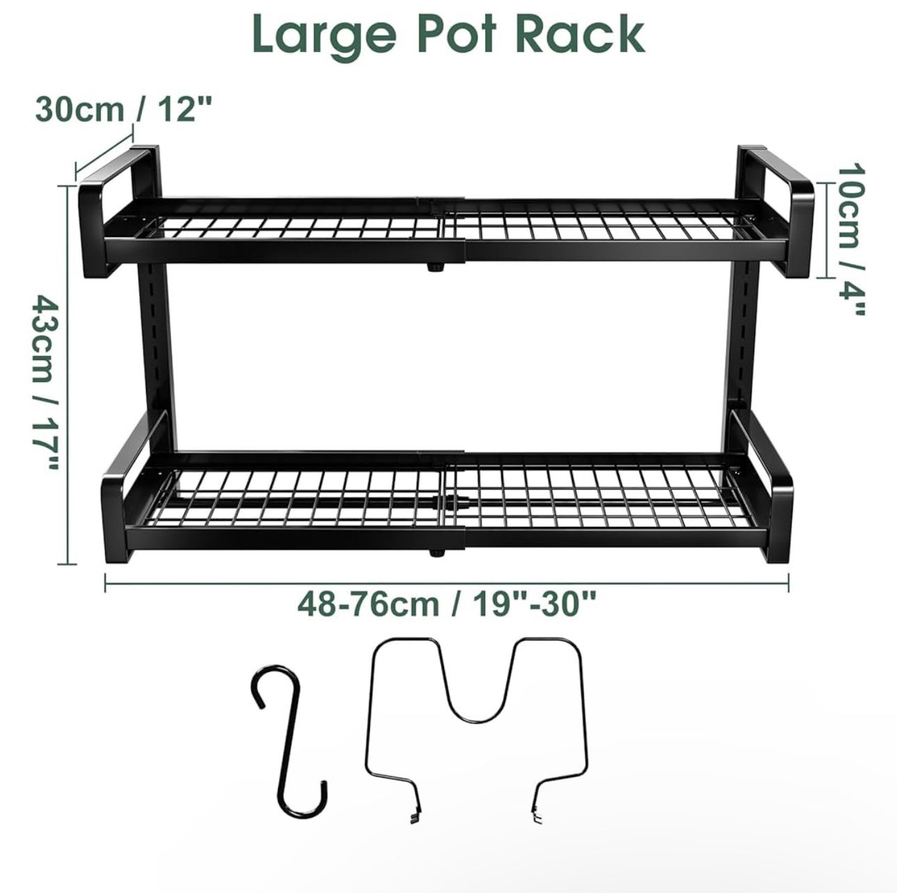 30" Expandable Hanging Pot Rack, 2 Tier Adjustable Pot and Pan Rack for Kitchen Organizers and Storage, Heavy Duty Pot and Pan Organizer, Wall Mounted