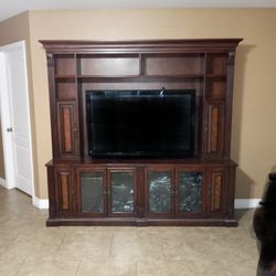 Two Piece Cherry Finish Entertainment Center With Shelves And Storage Doors Tv Opening 55"×37" And Whole Unit Measures W85" H80" D21"