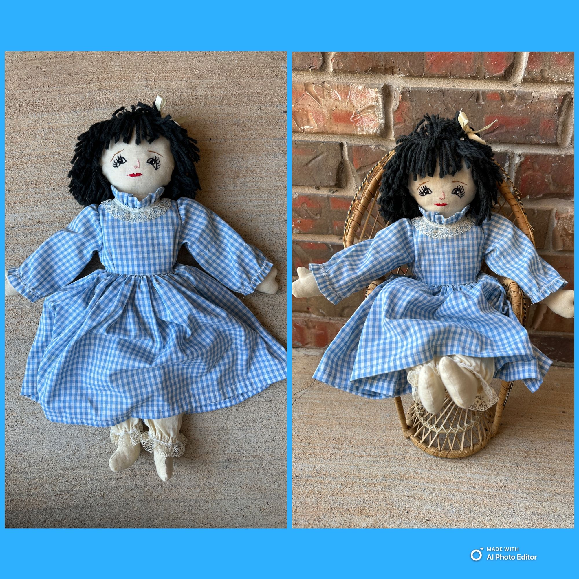 Vintage Hand Made FeedSack Cloth Rag Doll Embroidery Face Cottage/Gingham—Chair sold separately