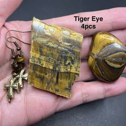 Tiger Eye Genuine Stone Earrings, Polished Stone, & Slab Set 4pcs