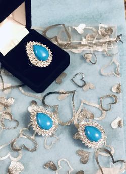 High quality vintage white gold color turquoise ring earrings