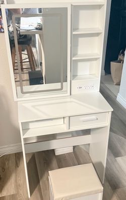 White Makeup Vanity with Mirror, LED Lights & Stool — Already Assembled
