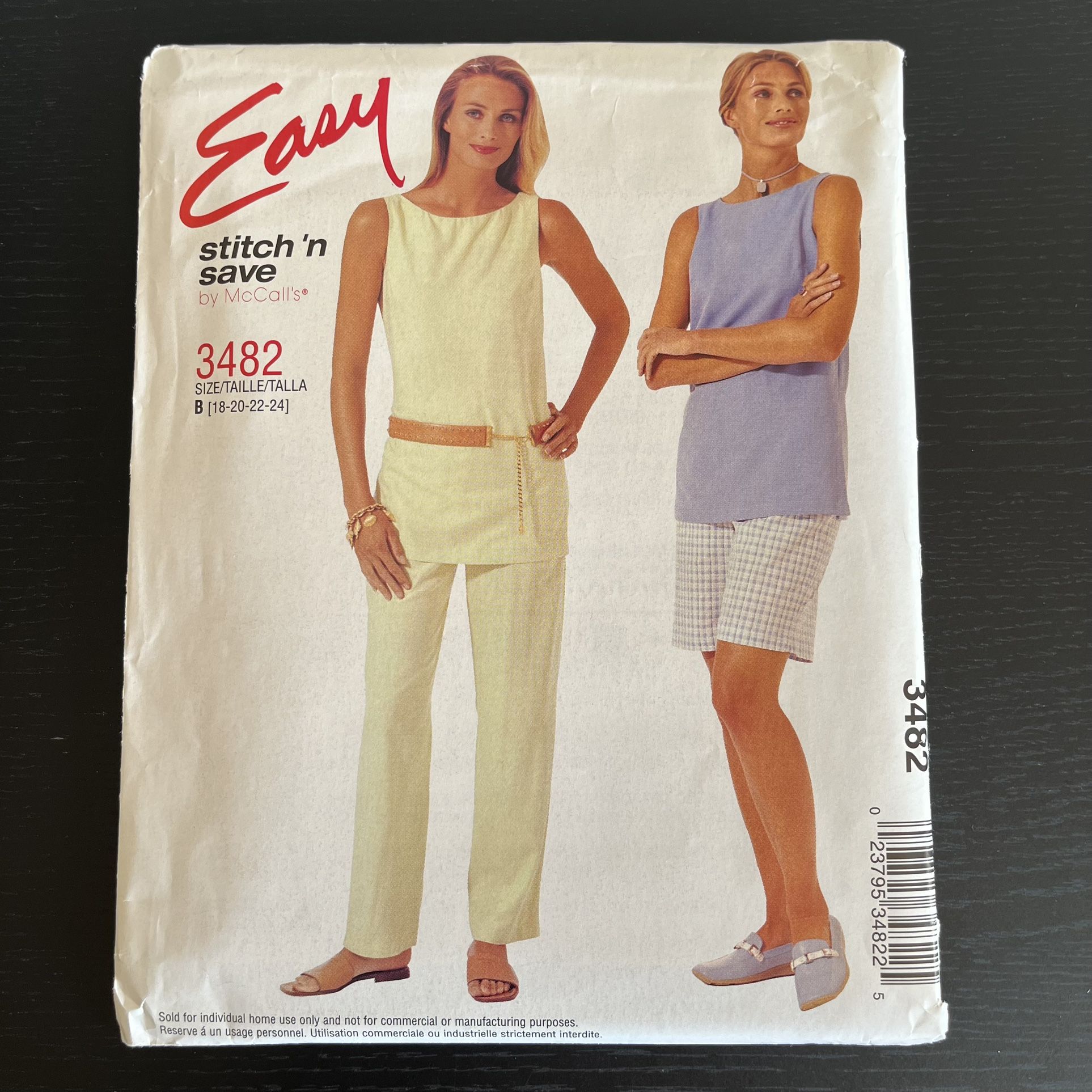 McCalls Sewing Pattern 3482 Size 18 - 24 Top Pants Shorts 2002