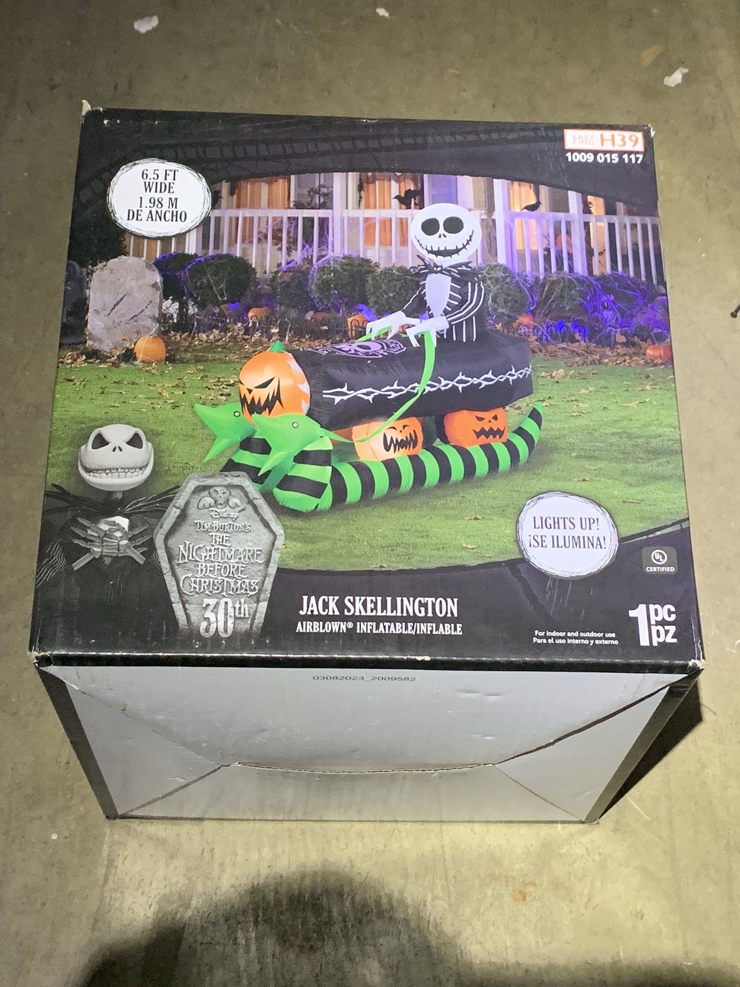 NEW in Box - 6.5 ft Wide LED Jack Skellington on Coffin Sleigh Inflatable