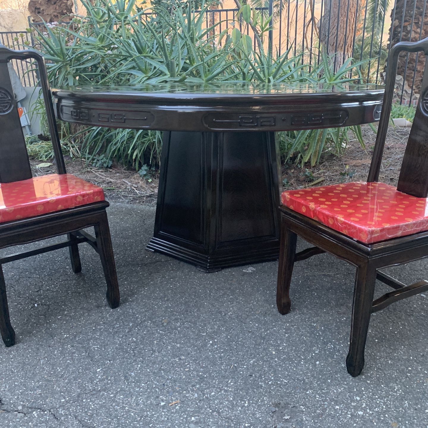 Dining Room Table And 8 Chairs , Vinage Shipped From China In Early 1970s. Cherry Wood , with Desighn On Table And Chairs .