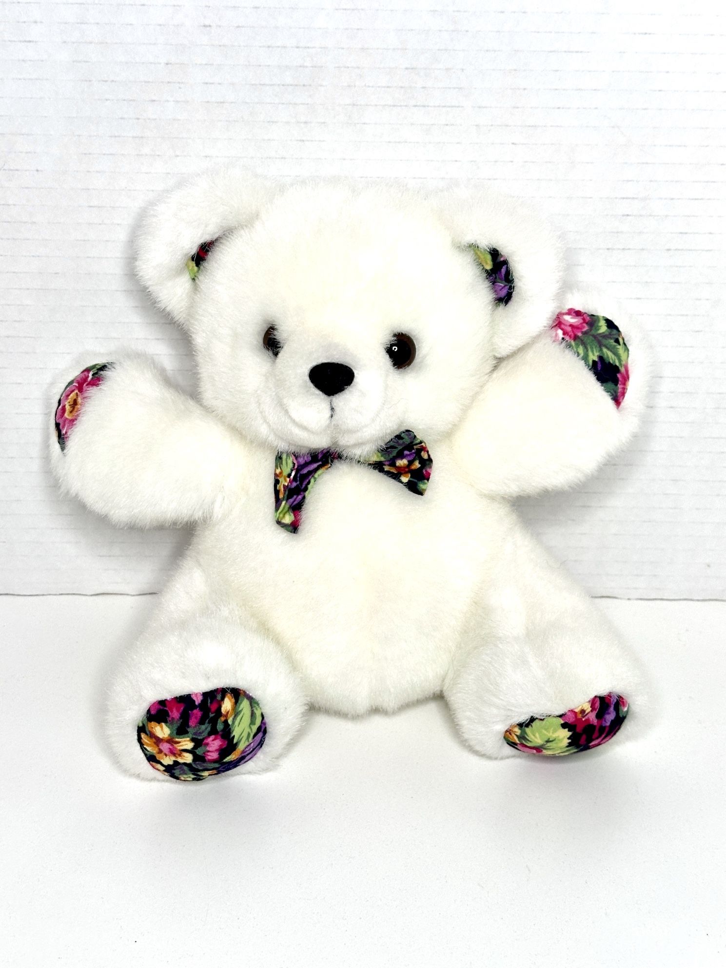Vintage Steven Smith Stuffed Animals Inc. White & Floral Pattern Teddy Bear Stuffed Plush
