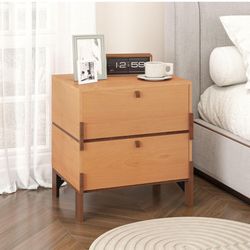 Sebastack Night Stand, Easy Assembly Bedside Table with 2 Storage Drawers, Mid-Century Style Wood End Table for Bedroom, Dormitory, Basswood Color