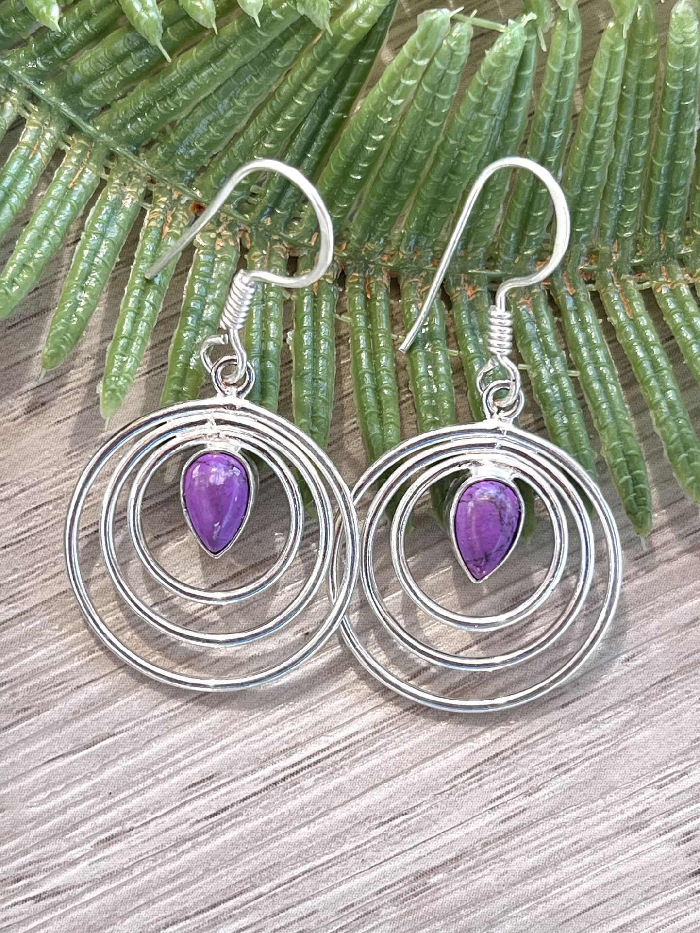 Handcrafted Purple Turquoise Sterling Silver 2” Earrings
