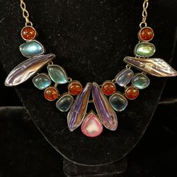 Multi Colored Natural  Stone Silver Bib Necklace 
