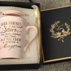 Ceramic Pink Marble Coffee Mug with Lid Gift Box Printed Gold 14 oz Good Friends