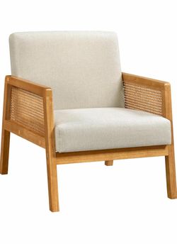 Yaheetech Rattan Accent Chair, Boho Vintage Armchair, Beige Boucle Fabric Chair, Upholstered Reading Chair with Wood Armrest and Legs for Living Room 