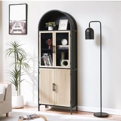 Hushedify Arched Storage Cabinet with Glass Doors & Shelves, 5-Tier Farmhouse Bookcase Bookshelf Tall Floor Curved Hutch Storage Cabinet BRAND. SW 