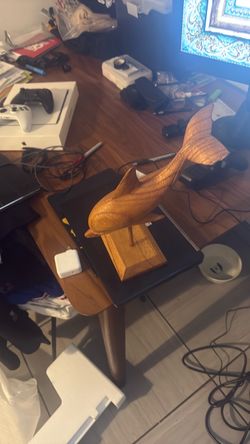 Hand-Carved Wooden Dolphin Sculpture with Stand – $55 OBO