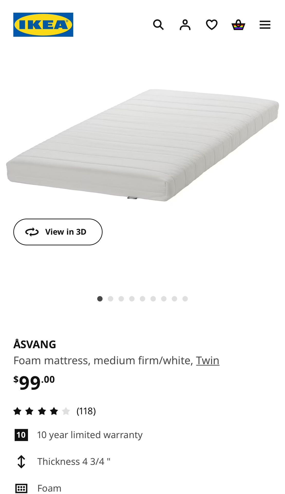 IKEA ÅSVANG Foam mattress, medium firm/white, Twin