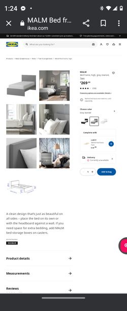 MALM
Bed frame, high, gray stained, Twin

