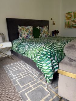MOVING SALE!!!!!!!! King Grey velvet upholstered bed with gold legs WITH Saatva mattress!!!!!!!! Must sell by Wednesday