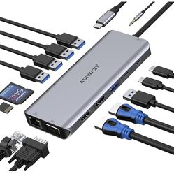 USB C Docking Station Dual Monitor for Dell/HP/Lenovo/Surface Laptop, 14 in 1 Triple Display USB C Hub Multiple Adapter, USB C Dongle with 2 HDMI 4K+V